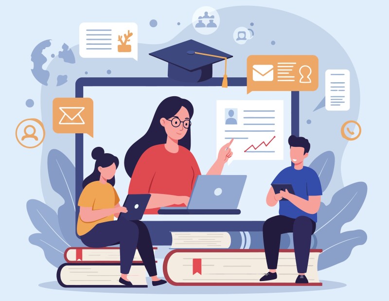 Two students engaging with an instructor online.