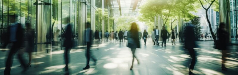 Sustainability in business center concept, business people crowd walking at corporate office in green city.