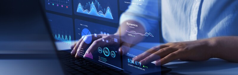 Advisor using metric dashboard on virtual screen to review analytics.