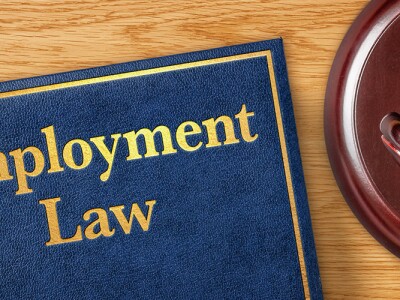Overhead view of Employment Law book and gavel