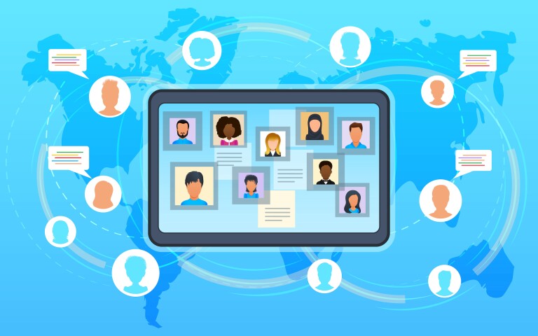 Students talking with each other online.