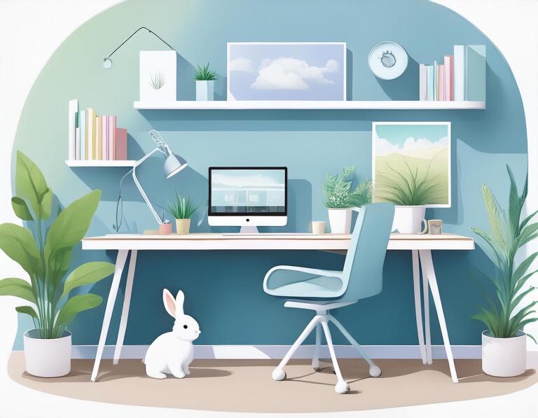 An office with a computer displaying a video being edited