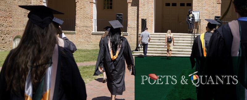 Graduates of William and Mary walking into Miller hall with Poets & Quants logo