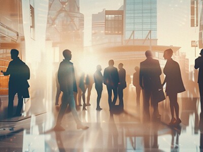 Double exposure image of many business people meeting in a city