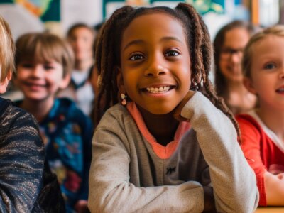 A diverse primary elementary school group of children studying in the classroom.