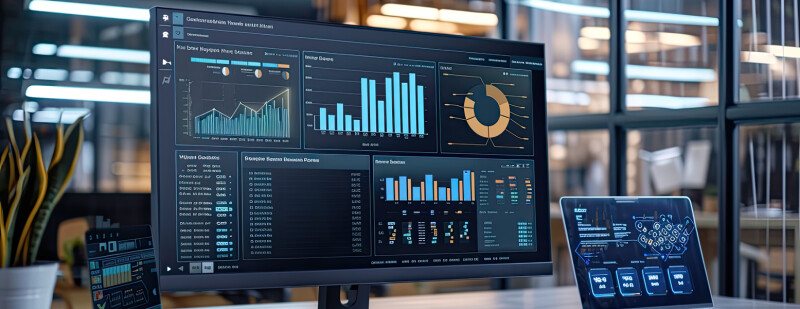 Two monitors displaying data analytics