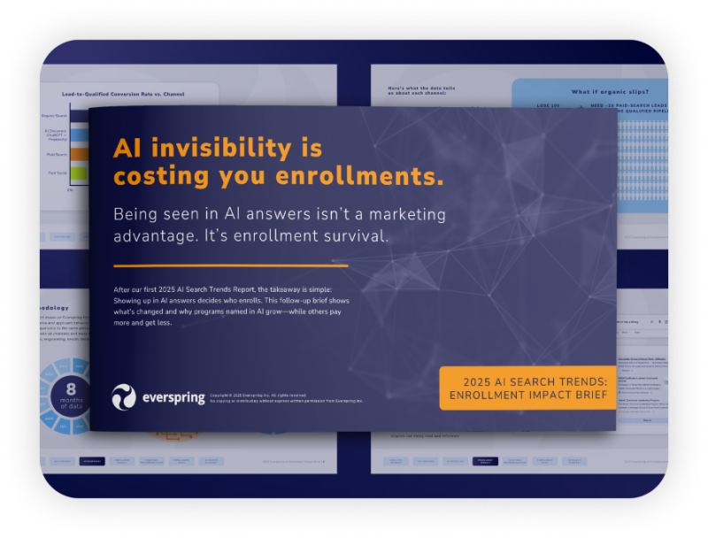 Everspring report graphic stating “AI invisibility is costing you enrollments” promoting the 2025 AI Search Trends: Enrollment Impact Brief.
