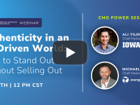 A promotional graphic for an American Marketing Association (AMA) webinar titled "Authenticity in an AI-Driven World: How to Stand Out Without Selling Out." It is labeled as a "CMO Power Session" and features two speakers: Ali Yildirim, Chief Marketing Officer at Iowa, and Michael Bell, Chief Marketing Officer at Everspring. The graphic has a blue gradient background, white and yellow text, and headshots of the two speakers.