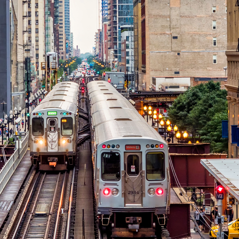 Overhead view of two Chicago elevated trains