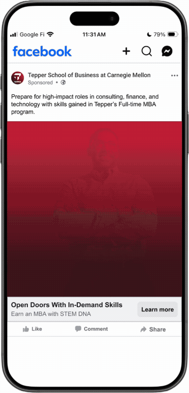 iPhone screen showing a sponsored Facebook ad from Carnegie Mellon promoting its full-time MBA with “Open Doors With In-Demand Skills.”