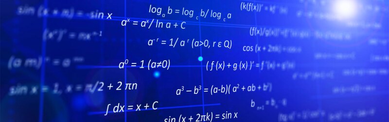 The blue screen shows the basic formulas of modern mathematics.