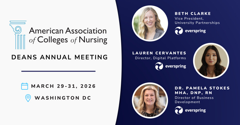 Graphic for AACN Deans Annual Meeting, March 29–31, 2026, Washington DC, featuring Everspring leaders Beth Clarke, Lauren Cervantes, and Pamela Stokes.
