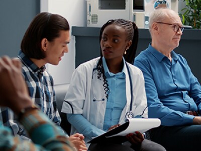 woman healthcare professional talking with man in a waiting room