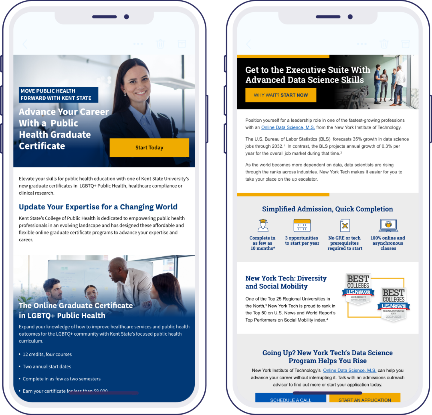 Landing pages for Kent State University and New York Institute of Technology displayed on mobile phone screens