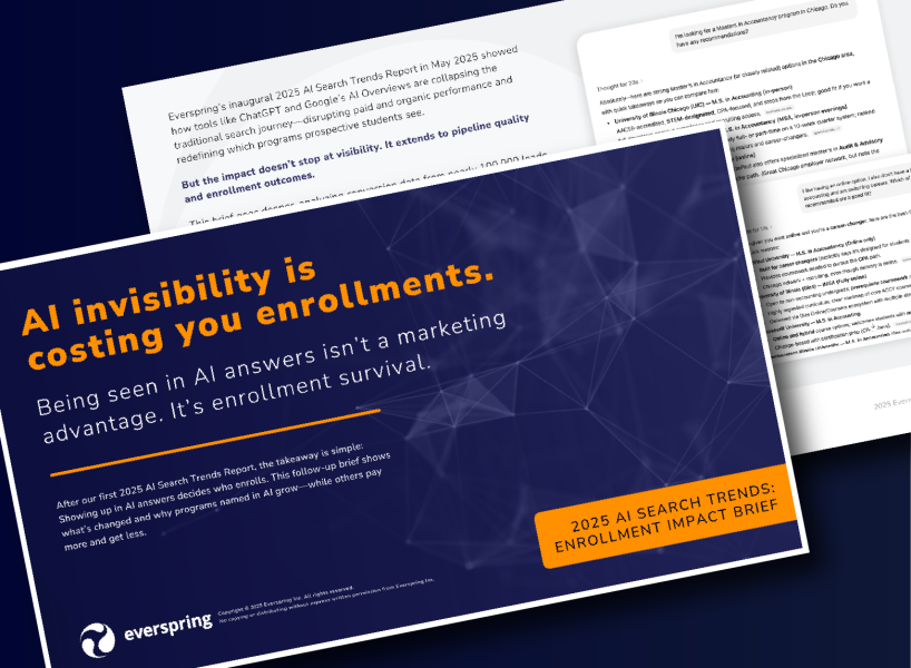 Promotional graphic for Everspring report stating “AI invisibility is costing you enrollments” with dark blue background and orange accents.