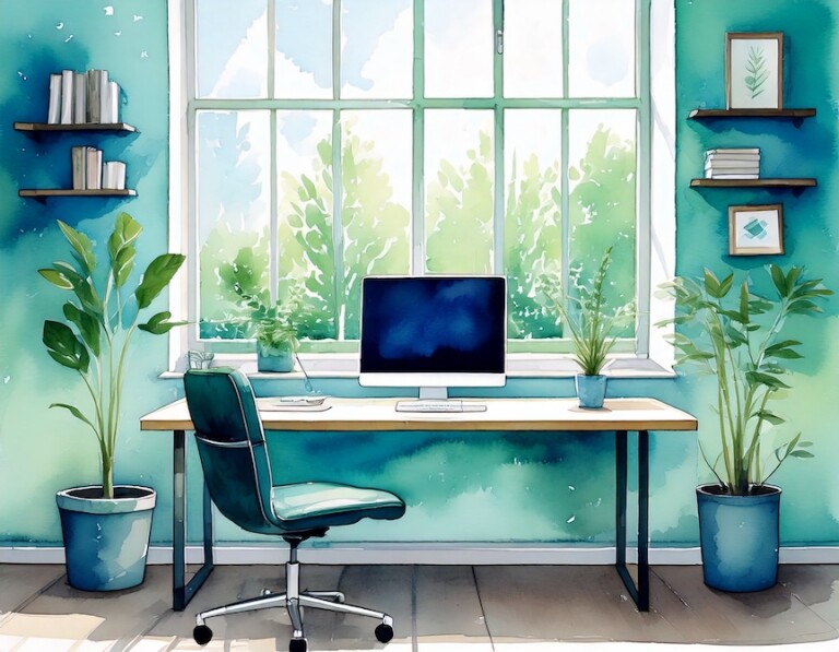 An office with a large window and a computer.