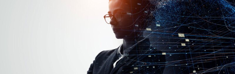 Tech worker career change woman with data visualization graphic