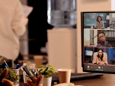 Man in office attending videoconference with remote co-workers