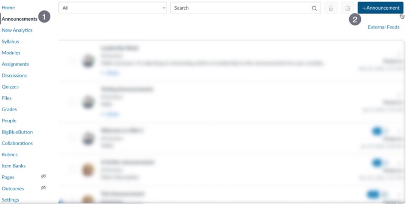 A screenshot highlighting the Announcements link in the left-hand navigation menu and the +Announcement button