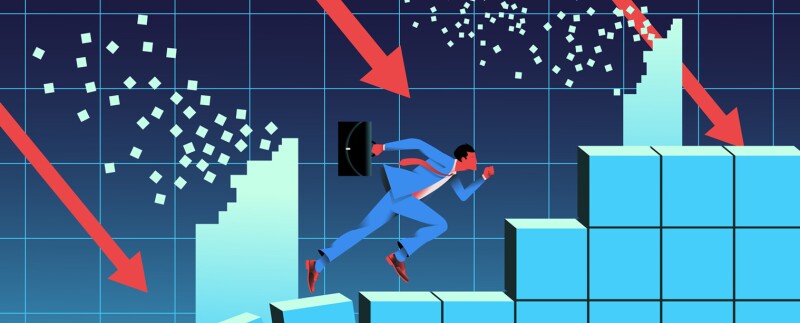 Illustration of businessman running on a chart as it collapses.