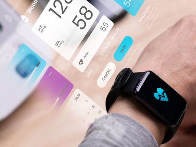 Senior Asian Woman taking blood pressure test on smartwatches, in concept of Augmented reality.