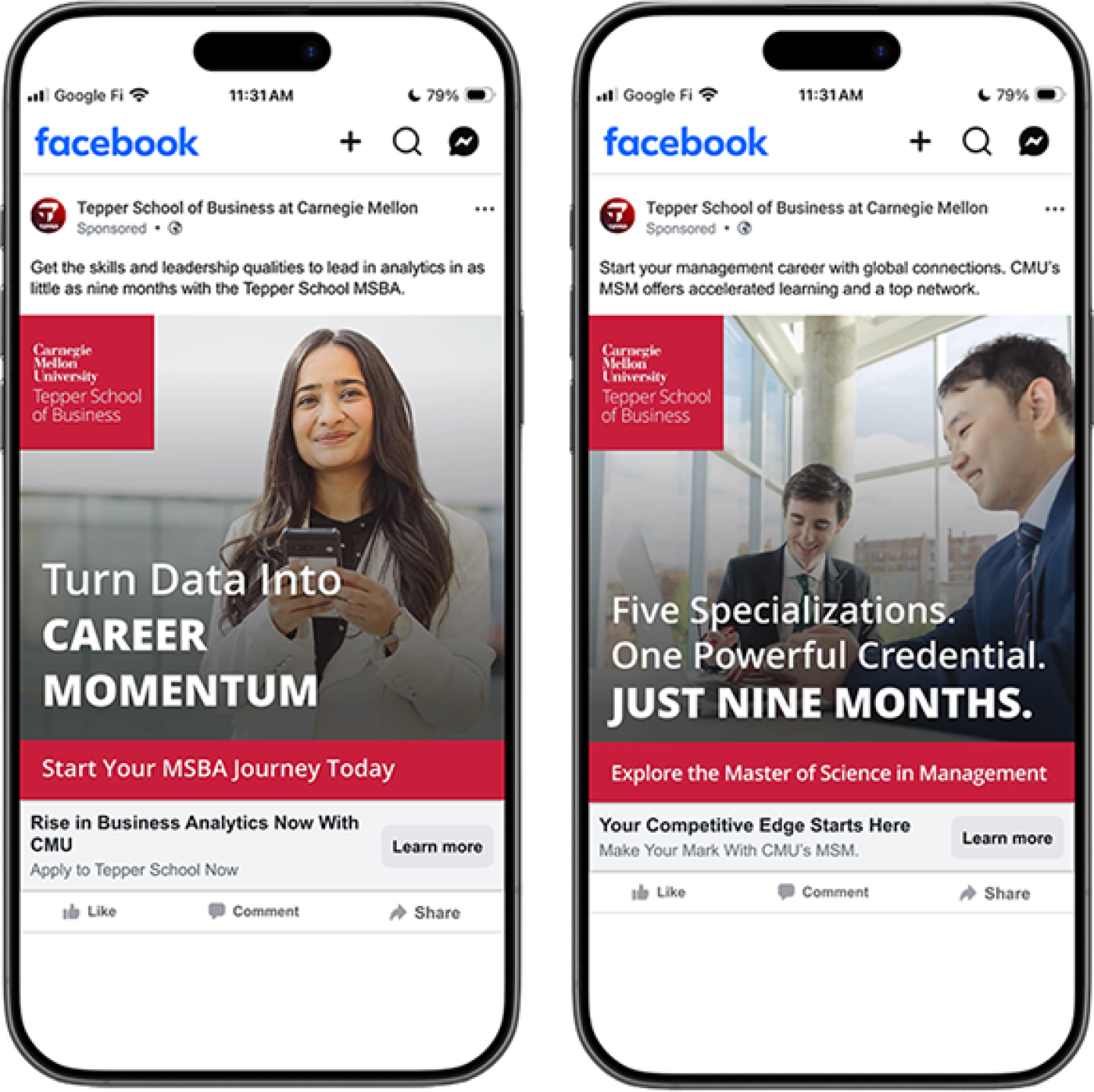Side-by-side mobile Facebook ads for Carnegie Mellon Tepper School promoting its MSBA and MSM programs with student imagery and program messaging.