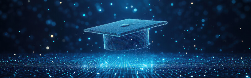 Digital graduation cap floating in the center of a glowing grid.