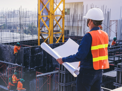 Engineer in hardhat and safety vest overseeing the construction of a building