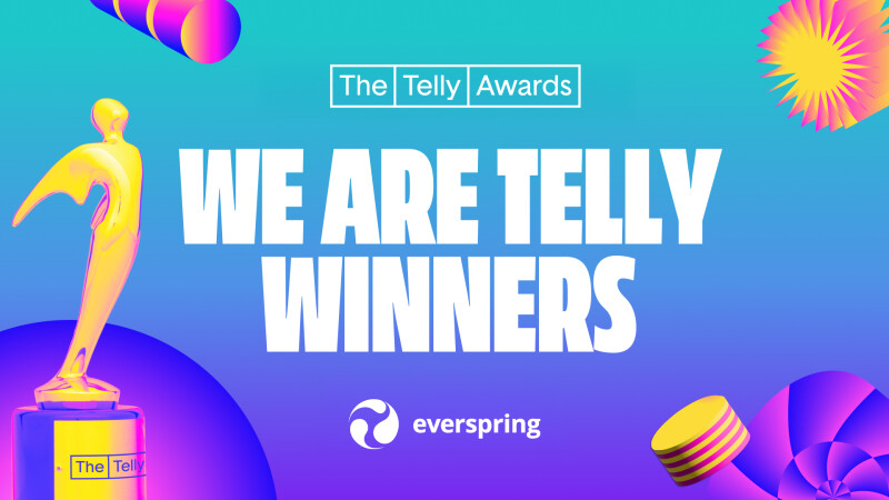 Everspring celebrates a Telly Award win with a colorful graphic featuring a Telly trophy and the headline, "We Are Telly Winners."