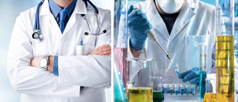 Side-by-side images of a medical doctor and a biomedical engineer, both wearing lab coats