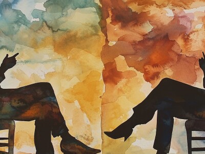 Silhouettes of a seated man and seated woman facing each other in conversation