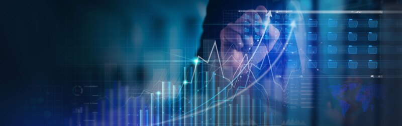 Businessman working with modern computer virtual dashboard analyzing finance sales data and economic growth chart and block chain technology.