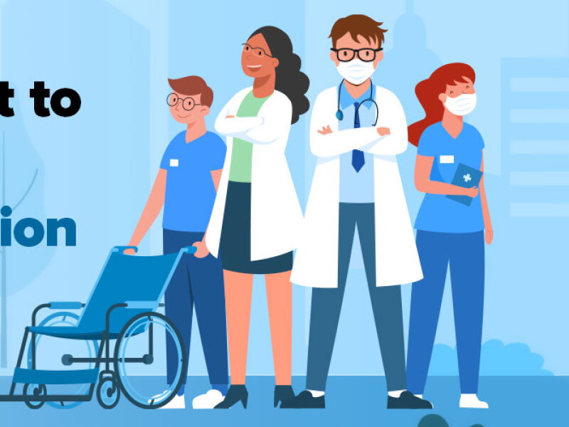 Illustration of a group of healthcare providers standing next to a text that reads, OCU welcomes first cohort to Community-Based Public Health Nursing specialization for online MSN.