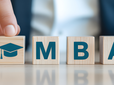 Four blocks are set on a table. One depicts a graduation cap. The others spell out "MBA." A finger is pointing to the graduation cap.