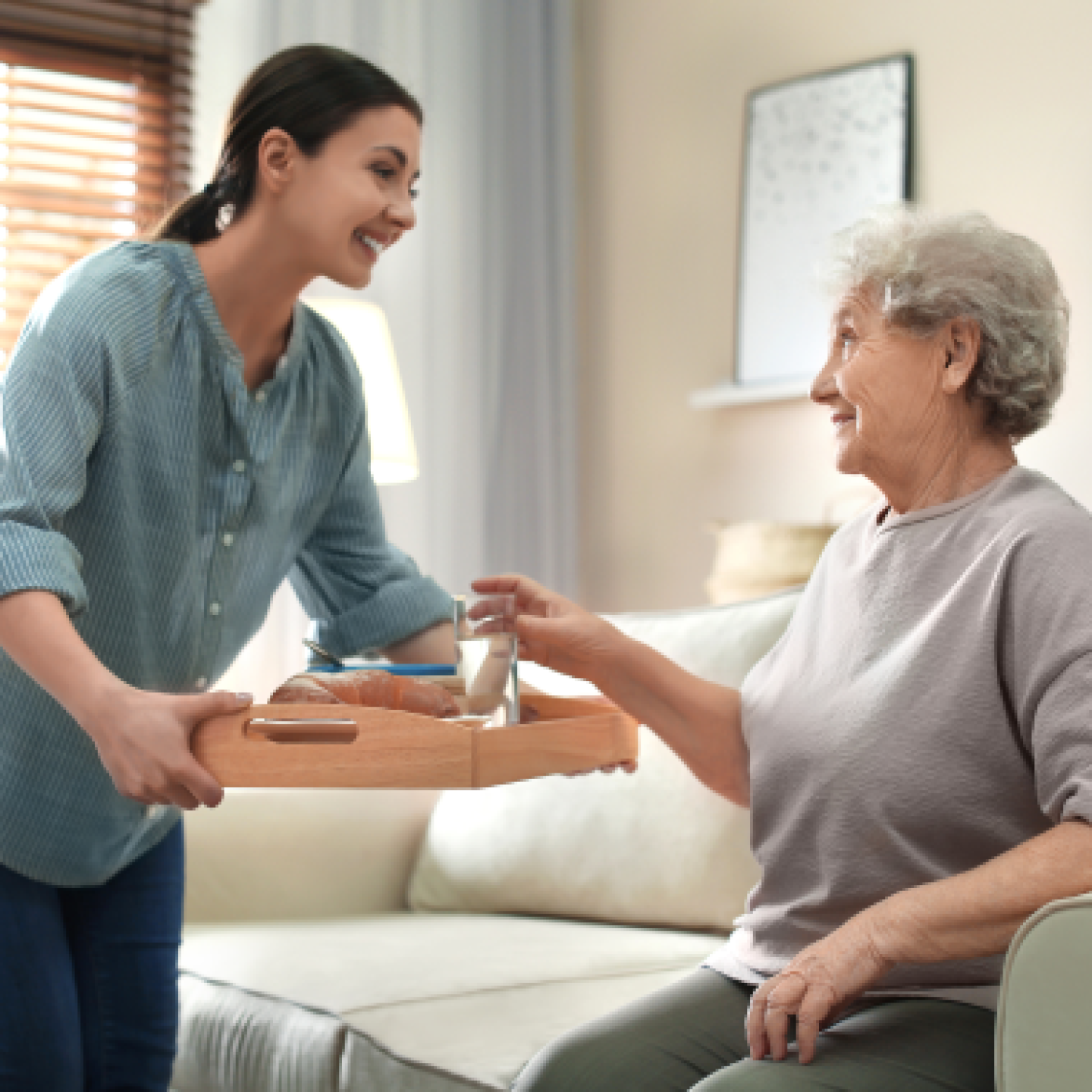 A female social worker serves a meal to an elderly woman.
