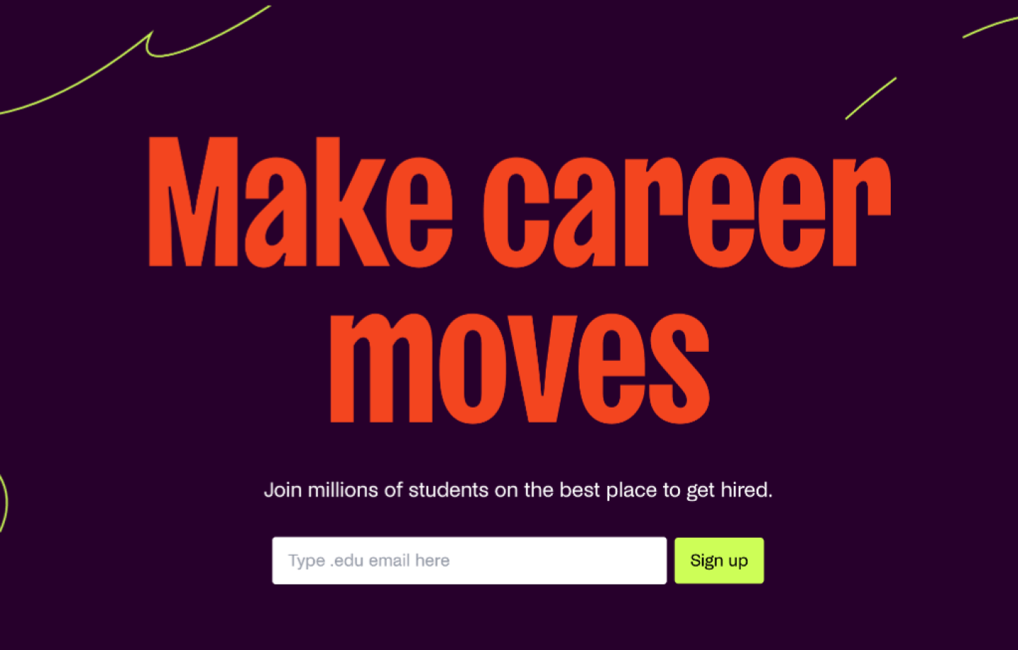 Homepage of Handshake site with banner headline reading "Make career moves"