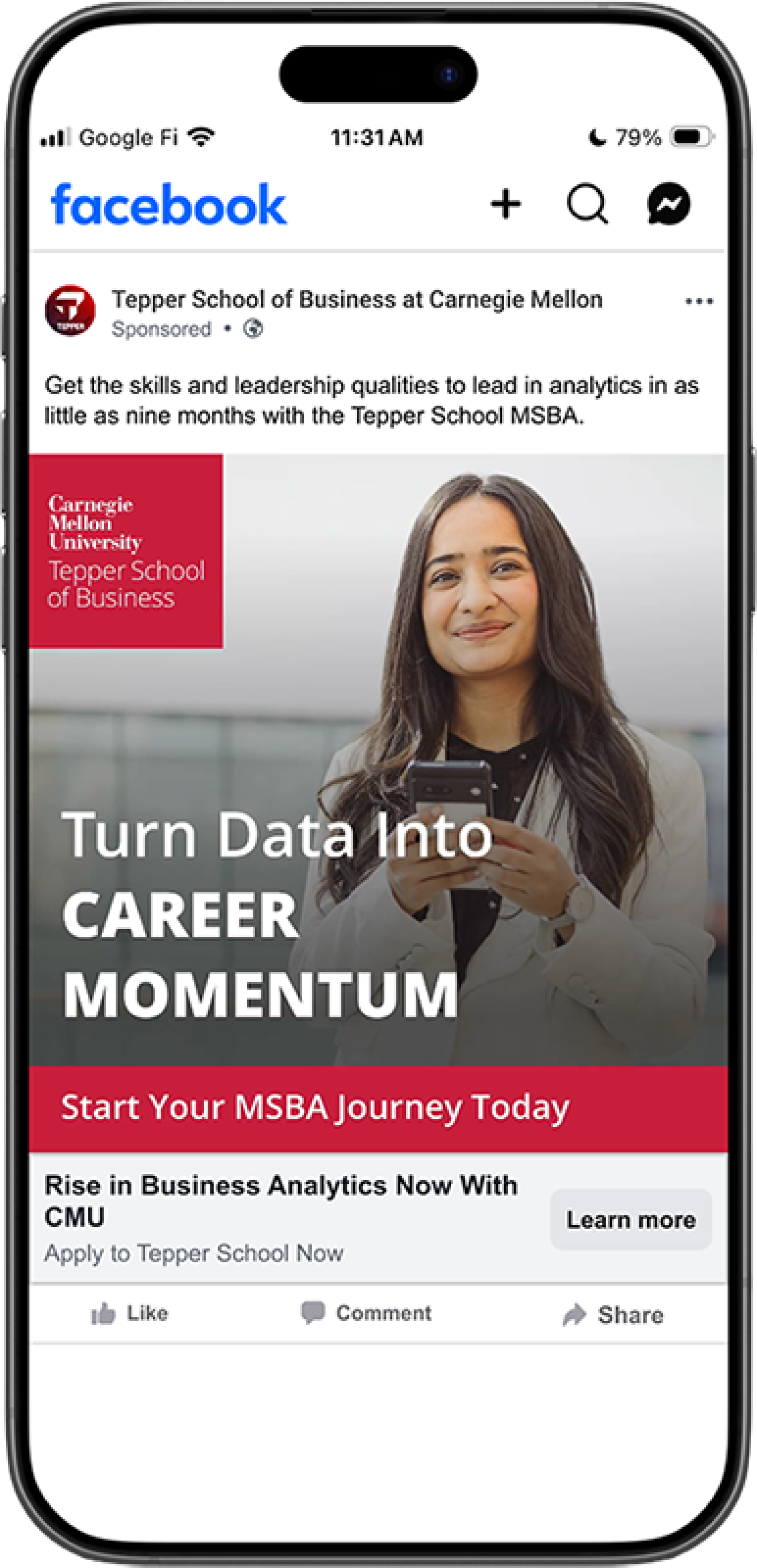 iPhone screen showing a sponsored Facebook ad for Carnegie Mellon Tepper’s MSBA program, “Turn Data Into Career Momentum.”