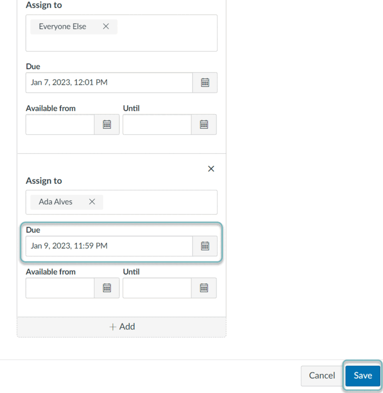 A screenshot of the "Due" field in the settings for an assignment