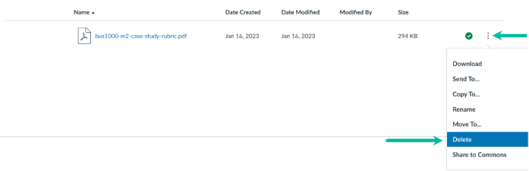 A screenshot of the Options menu icon (three vertical dots) and the options available for a file in Canvas. The "Delete" option is highlighted with an arrow.