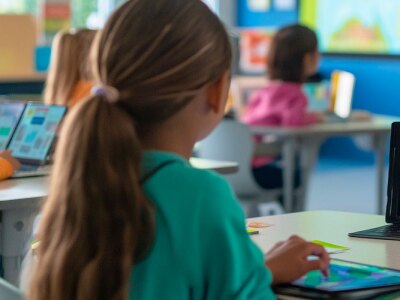 Innovative classroom setting with students using tablets and smartboards, interactive learning environment enhanced by AI-driven technology.