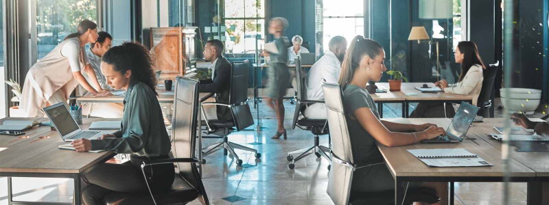 Corporate business people working on their laptops at desks in busy marketing office space.