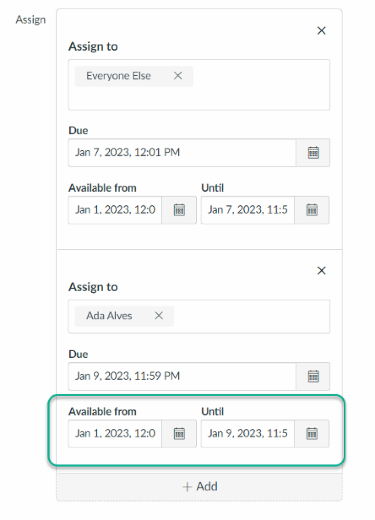 A screenshot of the "Available from" and "Until" fields in the settings for an assignment