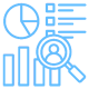 Icon of various data visualization elements including a pie chart, bar graph, list, and magnifying glass with a user symbol, representing data analysis and user research.