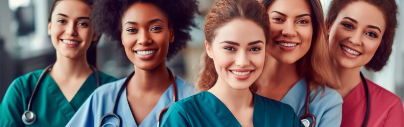 Portrait group of diverse female nurses standing together.