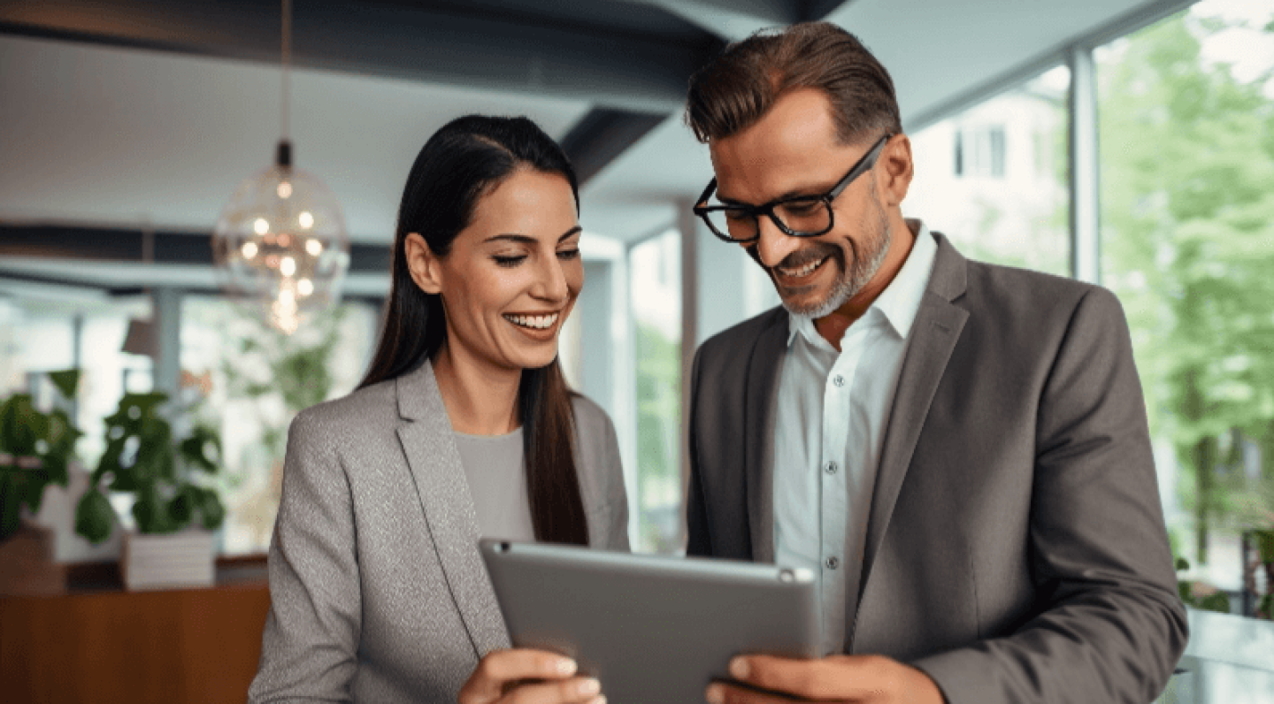 Man and woman in business attire looking at tablet