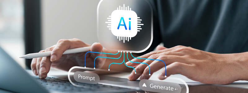 A man sits typing at a computer. An AI graphic floats in the air over the keyboard.