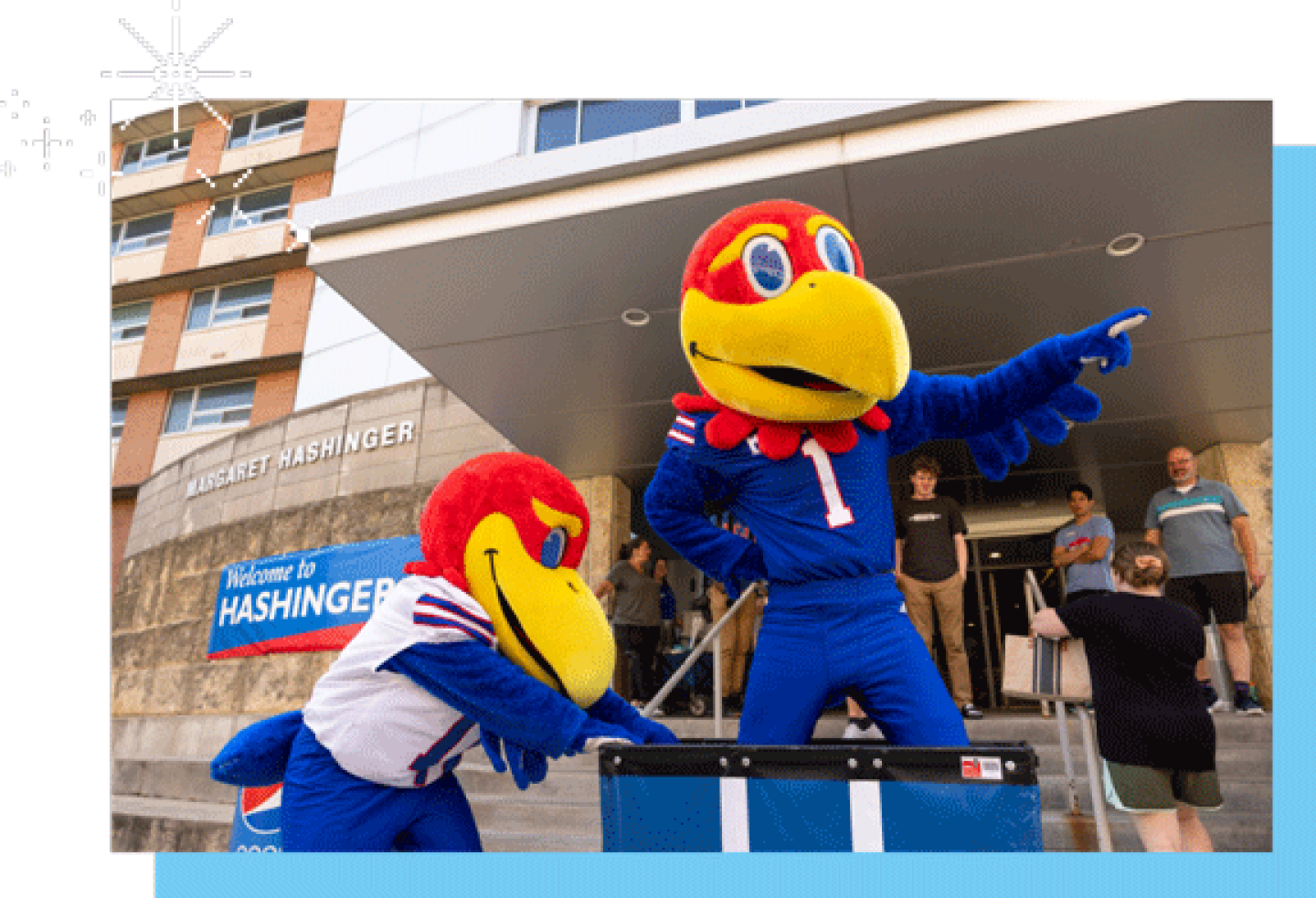 Two Kansas Jayhawks mascots in blue uniforms performing outside a residence hall entrance.