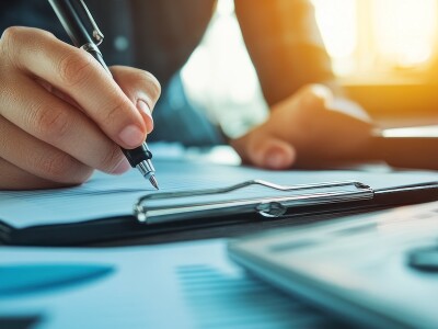 A hand holds a pen over a notepad, with papers and a calculator on the desk, in afternoon sunlight