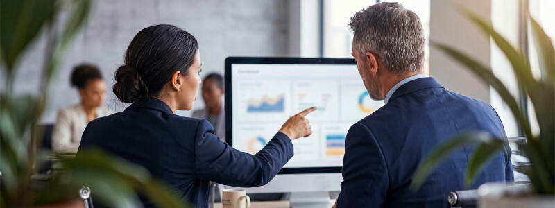 Business analytics professionals sit in front of a computer screen going over various charts