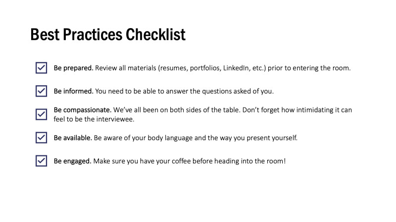 PowerPoint slide titled "Best Practices Checklist," featuring a checklist with checkmark icons.